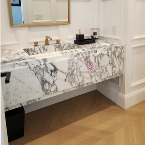 Meuble-lavabo flottant en marbre Calacatta Viola de 72 po avec jupe de 16 po pour la rénovation de salles de bain de maisons et villas modernes de luxe - Product Image 5