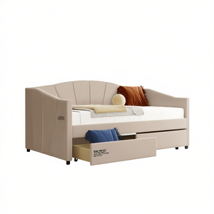 Lit de repos double beige rembourré avec deux tiroirs, sommier à lattes en bois, mobilier de chambre moderne - Product Image 1
