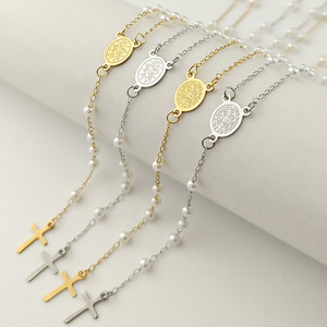 Collar con Colgante de Cruz de Acero Inoxidable, Virgen María, <span class=keywords><strong>Rosario</strong></span>, Perlas de 3 mm, Collares para Joyería Cristiana - Product Image 1