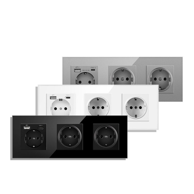 Industrial Crystal Glass Panel USB and Type-C Fast Charging Triple Sockets 16A Power Wall Outlet