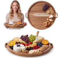 Plateau de service rond en bois d'acacia de qualité supérieure avec poignées latérales, écologique et de qualité alimentaire, prix avantageux pour la maison, les restaurants et les mariages