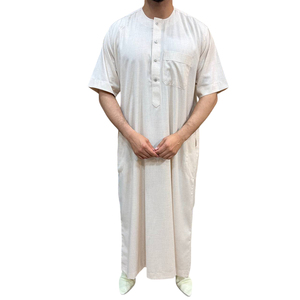 Luxury Soft Cotton Moroccan Prayer <b>Thobe</b> Short Sleeve Round Neck Button Pocket Machine Washable - Product Image 1