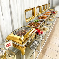 Plat de service rectangulaire de luxe en acier inoxydable doré pour buffet de mariage, chauffe-plats avec réchaud à alcool 9L