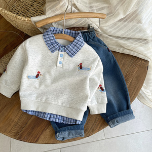 Set Felpa con Cappuccio e Pantaloni in Cotone per Ragazzi, Nuovo Stile Primavera/Autunno 2025, Due Pezzi con Motivo <span class=keywords><strong>a</strong></span> Quadri e Cartoni Animati - Product Image 3