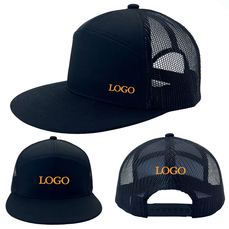 Wholesale Hip Hop Cotton Blank Two Tone Summer Adjustable Flat Brim Custom Embroidery Logo 7 Panel Trucker Mesh Hats
