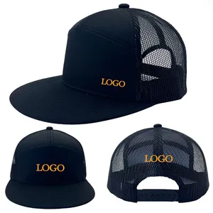 Venta al por mayor Hip Hop algodón en blanco de dos tonos de verano ajustable ala plana logotipo bordado personalizado 7 paneles gorras de malla de camionero