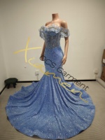 Ocstrade Prêt à expédier - Contactez-nous avant de commander Robe de bal sirène bleu clair scintillante, épaules dénudées, robe de soirée ornée de fleurs 3D et de strass