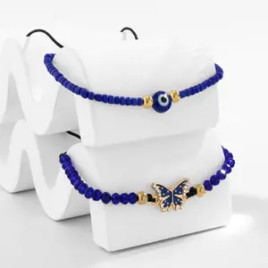 lady handmade blue glass beads crystal butterfly blue eye charm 2pcs pack thread rope friendship bracelet jewelry hand bracelets