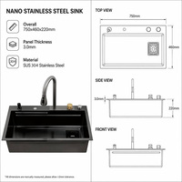 Évier de cuisine de luxe KIDOIR noir 75x46x22cm en acier inoxydable 304 Nano Gold, cuve unique avec robinet cascade intégré