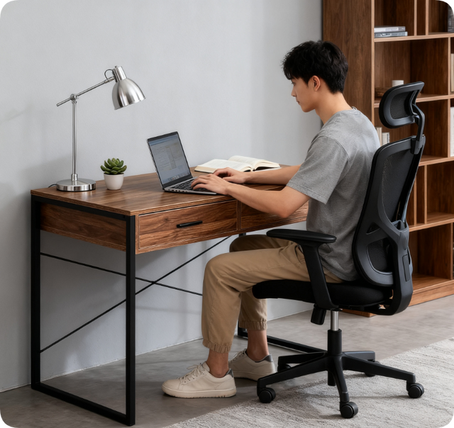 Modern Walnut Industrial Series Table Desk Made of Durable Metal Frame and Wooden Veneer Table Top