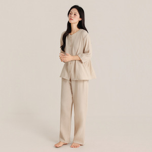Pijamas de crepé de doble capa para parejas, otoño y primavera, <span class=keywords><strong>cuello</strong></span> redondo, cárdigan liso, ropa de casa suave, ropa de dormir unisex de algodón puro - Product Image 3