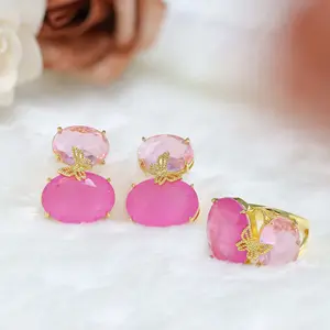 Butterfly Luxury Pink Diamond Colored Gems Oval Ring Earrings Sea Blue Colored Gems Ornament Suit Women
