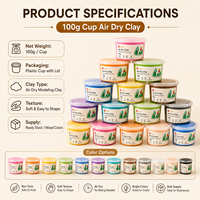 Argile à séchage à l'air 100g en pot, douce, non toxique, couleurs vives, sans cuisson, en stock, couleurs mélangées, étiquette personnalisée OEM, kit d'artisanat, vente en gros