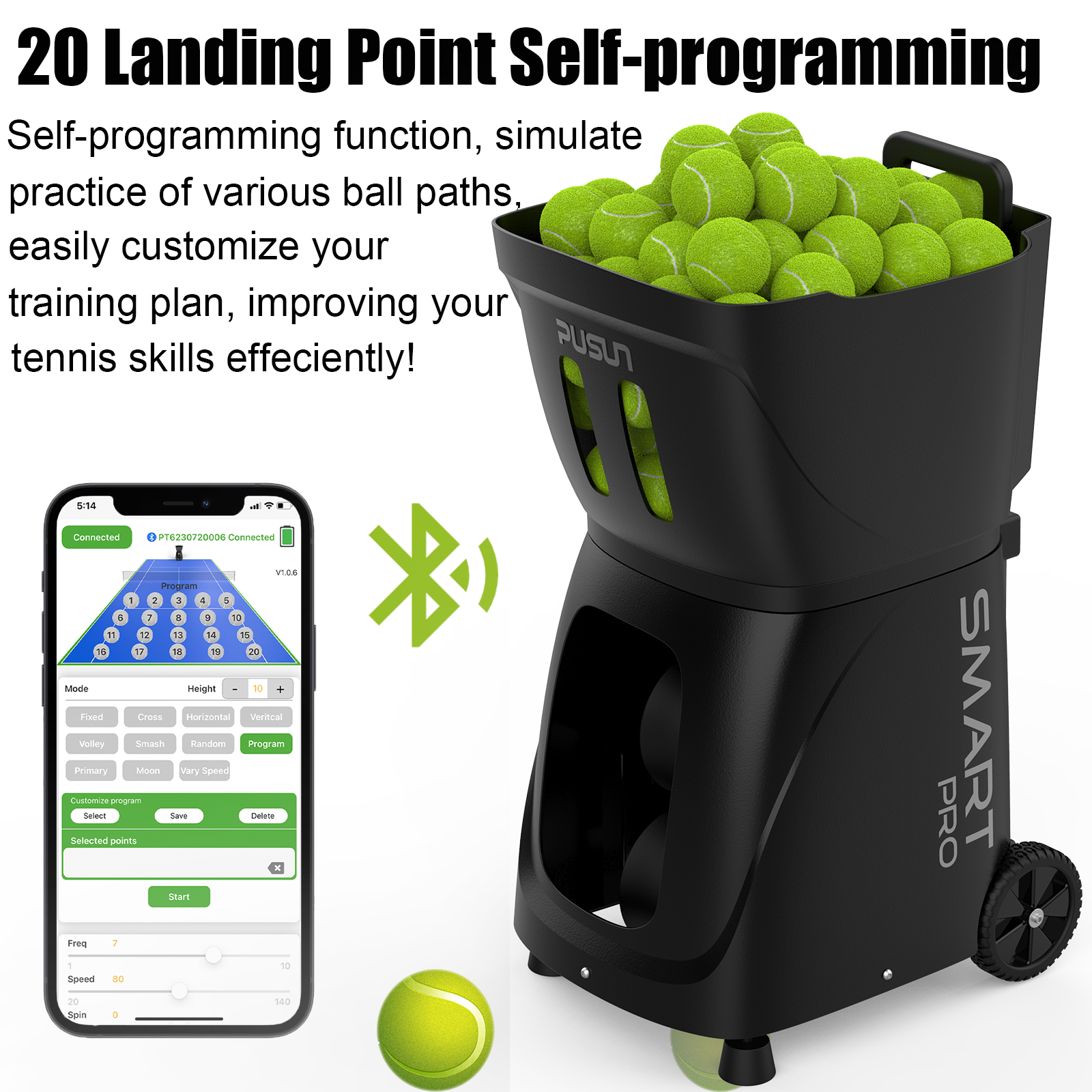 PUSUN PT-Smart Pro Professional Portable Tennis Ball Machine-115-Ball Capacity Durable ABS Metals Eco-Friendly Design Adjustable