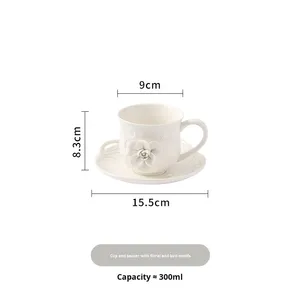 Ensemble tasse et soucoupe à café en céramique, motif floral en relief, fait main en France, luxe léger, rétro <span class=keywords><strong>vintage</strong></span>, pour le thé de l'après-midi, compatible lave-vaisselle et <span class=keywords><strong>micro</strong></span>-ondes - Product Image 6