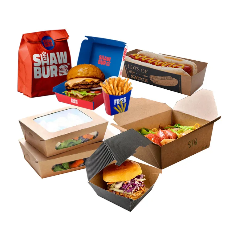 कस्टम डिजाइन मुद्रित लोगो डिस्पोजेबल मिनी गत्ता क्राफ्ट फास्ट फूड दोपहर के भोजन के फ्राइज़ हॉट डॉग हैम्बर्गर बर्गर पैकेजिंग कागज बॉक्स