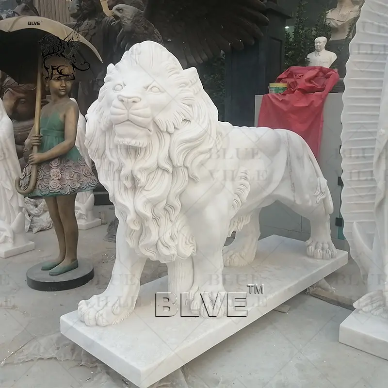 BLVE Life Size Outdoor Garden Decoration Hand Carving Natural Stone Animals Sculpture White Marble Lion Statue