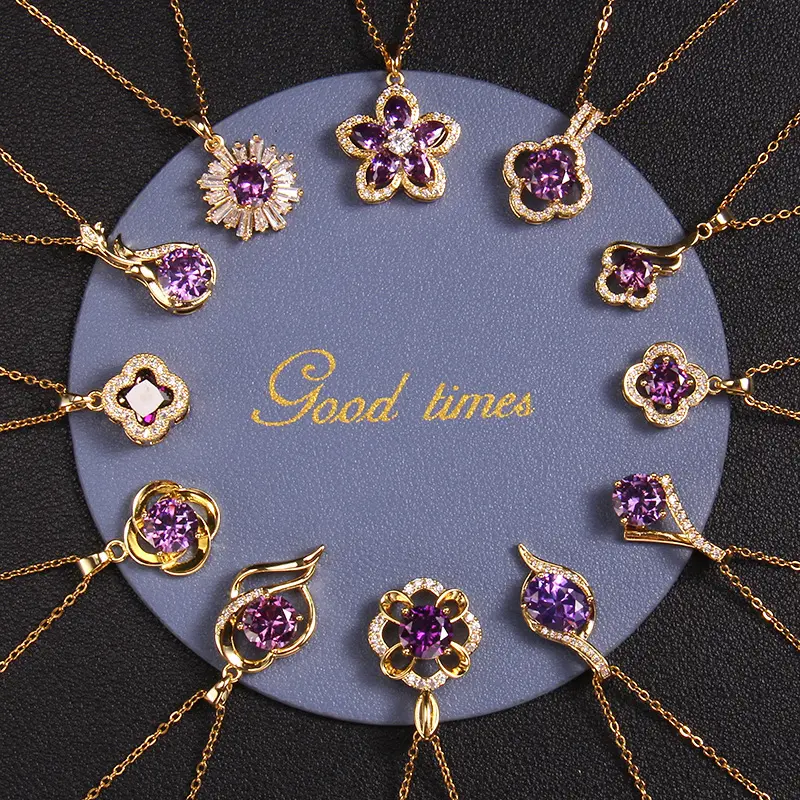 Moda elegante día de la Madre púrpura cristal collar lujo Acero inoxidable cadena trébol colgante collar para mujer