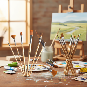 Ensemble de 3 pinceaux plats en nylon vert clair pour peinture acrylique et aquarelle avec manches en bois et en plastique - Product Image 3