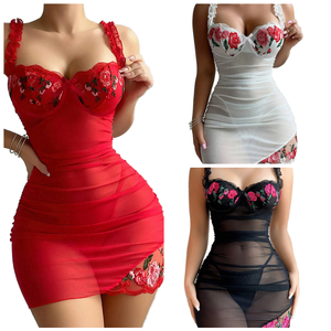 TDZ61 <b>Women's</b> <b>Sexy</b> Lingerie Babydoll Bodysuit Dress Transparent Mesh Sheer Flower Embroidered High Quality - Product Image 1