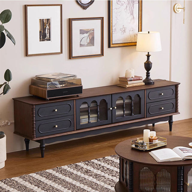 Classic Vintage Wooden TV Cabinet with Glass Front Doors and Drawers Functional Media Organizer for Retro Themed Living Spaces