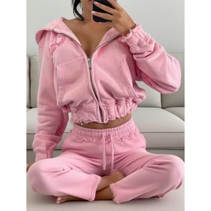 Custom Logo Women's Vintage Acid Wash <b>Distressed</b> Jogger 3044 Cotton Zip <b>Tops</b> Woven Weaving Sweatsuits for Summer - Product Image 1