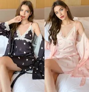 Luxury 2Pcs Printed Color Skin-friendly Silk Robes Sleeping Women Silk Robe Kimono Long Robe Women Silk