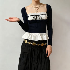 Camiseta de manga larga con cuello cuadrado de encaje y cordones, estilo moderno para chicas atractivas, con combinación de colores en contraste, cintura ajustada y parte superior con volantes. - Product Image 5