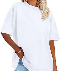 T-shirt décontracté pour femme en jersey de coton blanc à col rond, manches courtes, coupe ample, couleur unie, respirant - Product Image 1
