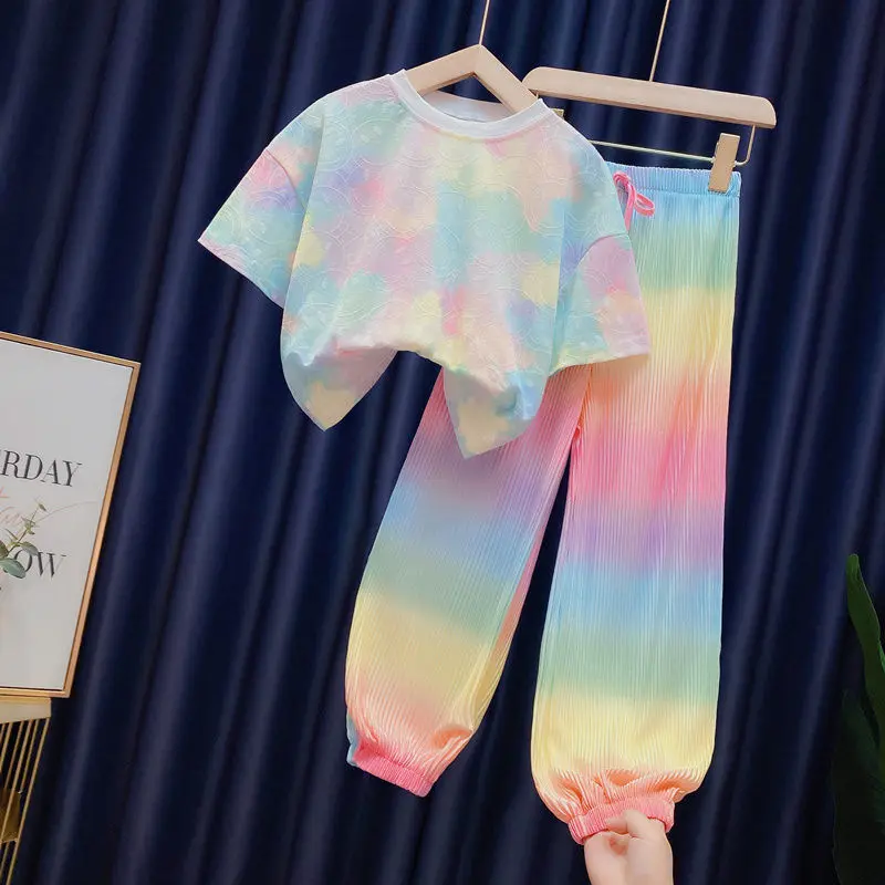 Set di 2 pezzi di abbigliamento alla moda per bambine Color arcobaleno con Design estivo a manica corta e pantaloni per ragazze