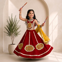 Set Lehenga Choli Bordir Merah Dengan Dupatta Kuning Untuk Anak Perempuan Pakaian Tradisional India Gaun Panjang Lantai Bahan Poliester