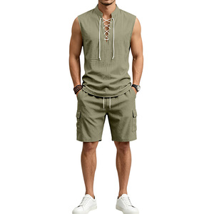 Ensemble t-shirt et short pour homme, lin, décontracté, été, tenue 2 pièces - Product Image 4
