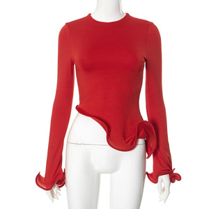 En promotion : Blouse décontractée asymétrique à manches longues évasées et col rond avec volants pour femme – Tendance - Product Image 3