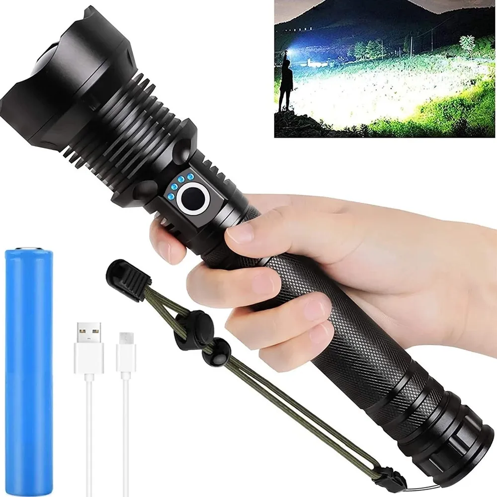 LED Flashlight Super Bright 3 Mode Zoomable XHP70.2 Torch Lantern XHP70 Flashlight Powered By High Power 26650 Conjoined Battery