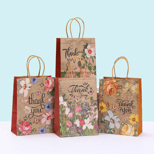Bolsas de Regalo con Diseño Floral <span class=keywords><strong>Retro</strong></span>, Bolsas de Papel Kraft Impresas en Flexografía Personalizables para las Fiestas - Product Image 1