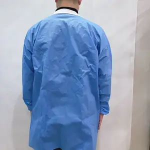 เสื้อโค้ทแลป SMS สีน้ำเงิน45ก. เสื้อโค้ทแลปพร้อมกระดุมไม่มีกระเป๋า XL ชิ้นเดียวสวมใส่ในห้องปฏิบัติการ/โรงพยาบาล/โรงงาน