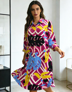 <span class=keywords><strong>2026</strong></span>新款女式衬衫连衣裙热带树叶印花长袖纽扣中长款缎面春秋夏透气优雅休闲 - Product Image 2