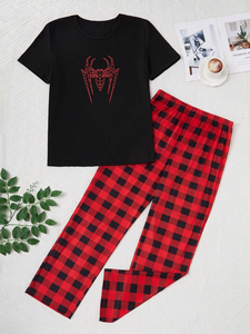 स्पाइडर प्रिंट आकस्मिक फैशन शॉर्ट आस्तीन शीर्ष और प्लेड पैंट पुरुषों पाजामा सेट बुना थर्मल लुभावनी - Product Image 4