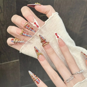 <span class=keywords><strong>Uñas</strong></span> Postizas Acrílicas con Diseño 3D Estilo Académico Vintage con Patrón Rojo Y2K, Hechas a Mano, con Acabado Brillante en Gel, Forma Almendrada, Personalizadas - Product Image 2