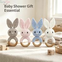 Hochet musical gonflable en coton crocheté fait main avec lapin, jouet apaisant pour bébé nouveau-né en bois de hêtre naturel pour la dentition