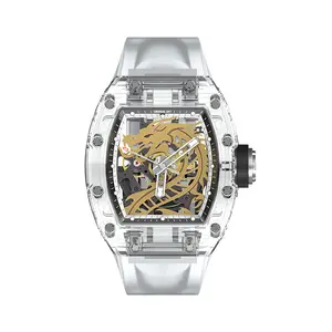 Jam tangan mekanis pria Logo kristal OEM safir jam tangan kustom mekanik mewah kaca cermin safir