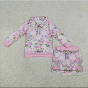 Ensemble de vêtements pour filles Fashion Girl GLD1572, haut à fermeture éclair avec fleurs roses, jupes à volants, shorts - Product Image 1