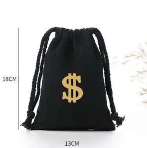 Wholesale Eco Friendly Custom Logo $ Dollar Money Printed Small Plain Draw String Custom Canvas Cotton Drawstring Pouch Bag