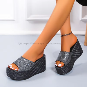 Outdoor Wear,sponge Cake Soles,beach Sandals Foreign Trade <b>Sequins</b>,high Heels,one Line Thick Sole Slippers,women's Summer - Product Image 1
