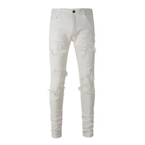 Rts For Dropshipping 7592 Destroy Black Damaged Ripped Patch Wrinkles Biker Skinny Ripped White Skinny Boyfriend Jeans
