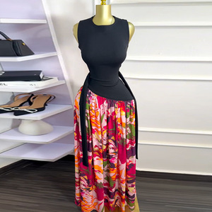 Vestidos de mujer nuevos con estampado, cuello redondo, sin mangas, con pliegues, cintura alta y lazo, estilo línea A, a la moda. - Product Image 1