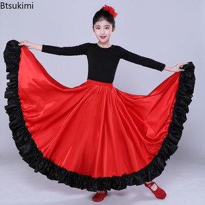 Faldas de baile flamenco para niñas, falda de baile del vientre, disfraz folclórico de gran vuelo con dobladillo con volantes 180D 360D 720D - Product Image 1