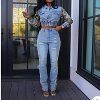 Mode Streetwear Automne Hiver Ensemble Deux Pièces Jean Coordonné avec Veste en Jean et Pantalon, Patchwork Floral pour Femme