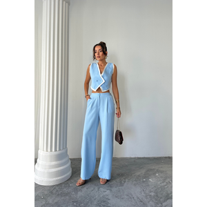 Ensemble décontracté pour femme : gilet court bleu avec passepoil asymétrique et short en tricot pour le printemps et l'été, taille XS - Product Image 4