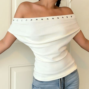 Pure color slim-fitting sloping shoulder studded design short-sleeved <b>top</b> hot girl style versatile T-shirt - Product Image 2